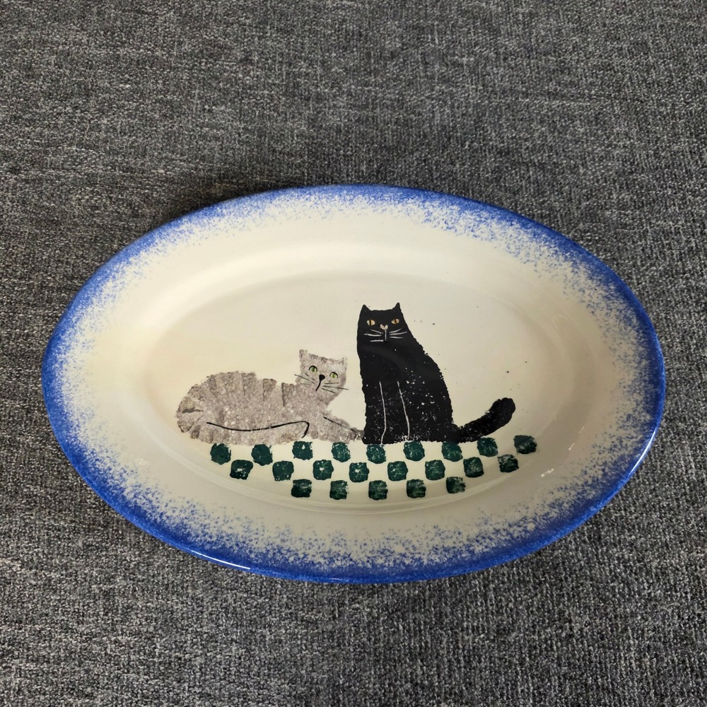 Vintage 1998 Hand Painted Cat Pottery Platter Signed DW Blue Rim Oval 12.5in